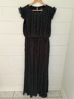Lotus Threads New York Black Polka Dot Pleated Chiffon Maxi Dress